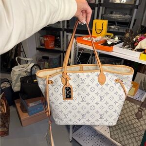 White Monogram Tote Bag with Tan Trim